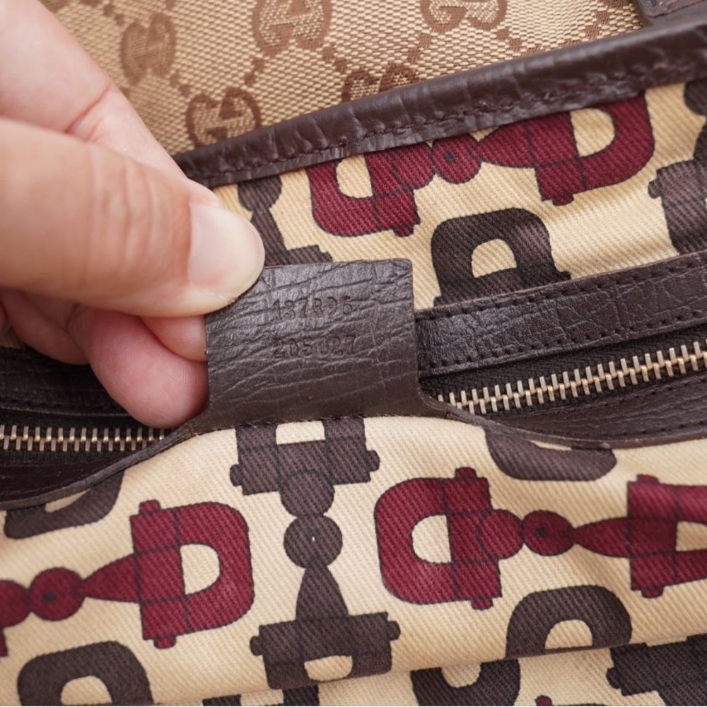 Gucci Beige GG Canvas Tote with Green and Red Web Stripe and Brown Trim - Picture 14 of 16